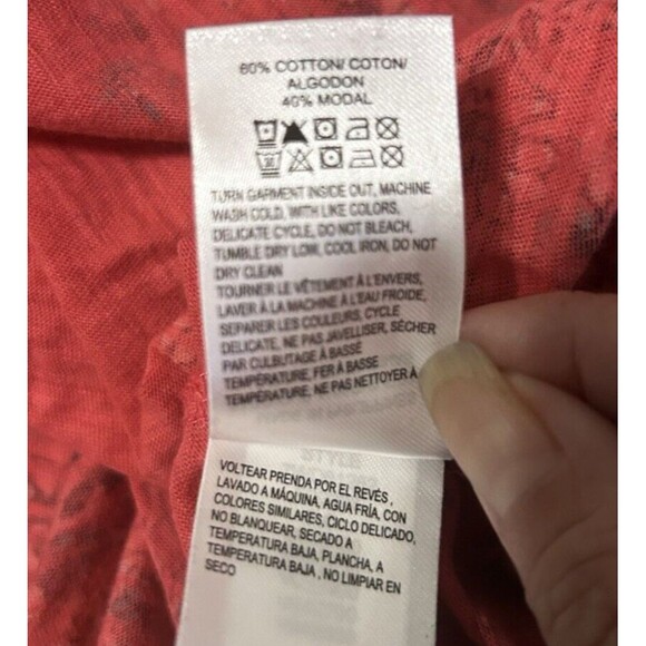 Lucky Brand Floral Boho Coral Tie Neck Keyhole 3./4 Bishop Sleeves Blouse Sz S - Picture 9 of 9